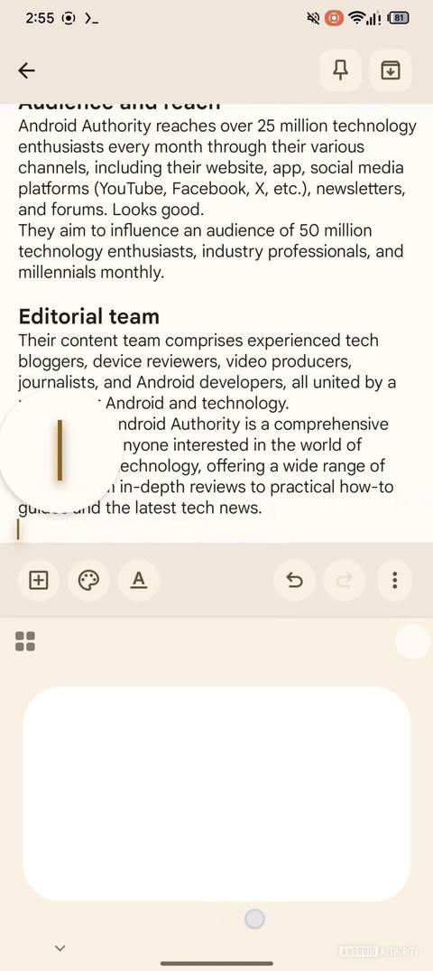 Screenshot che mostra la modalità cursore di Gboard