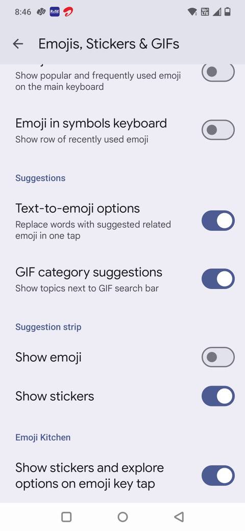 Screenshot che mostra la disattivazione di Mostra emoji nelle impostazioni di Gboard