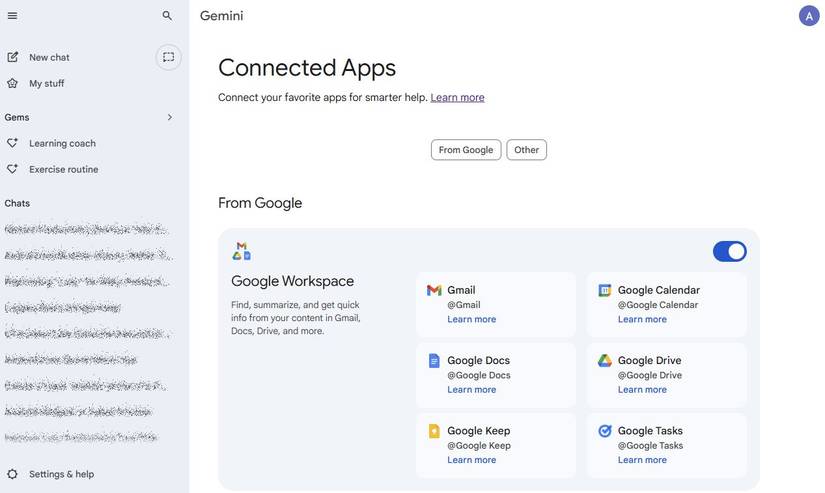 Captura de tela mostrando os aplicativos conectados no Gemini