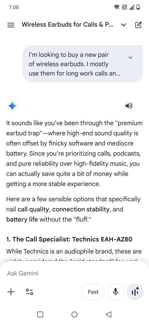 Screenshot di un messaggio che chiede a Gemini consigli sui gadget