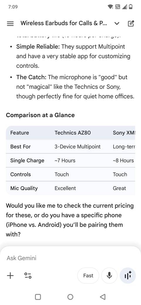Screenshot che mostra i consigli sui gadget di Gemini