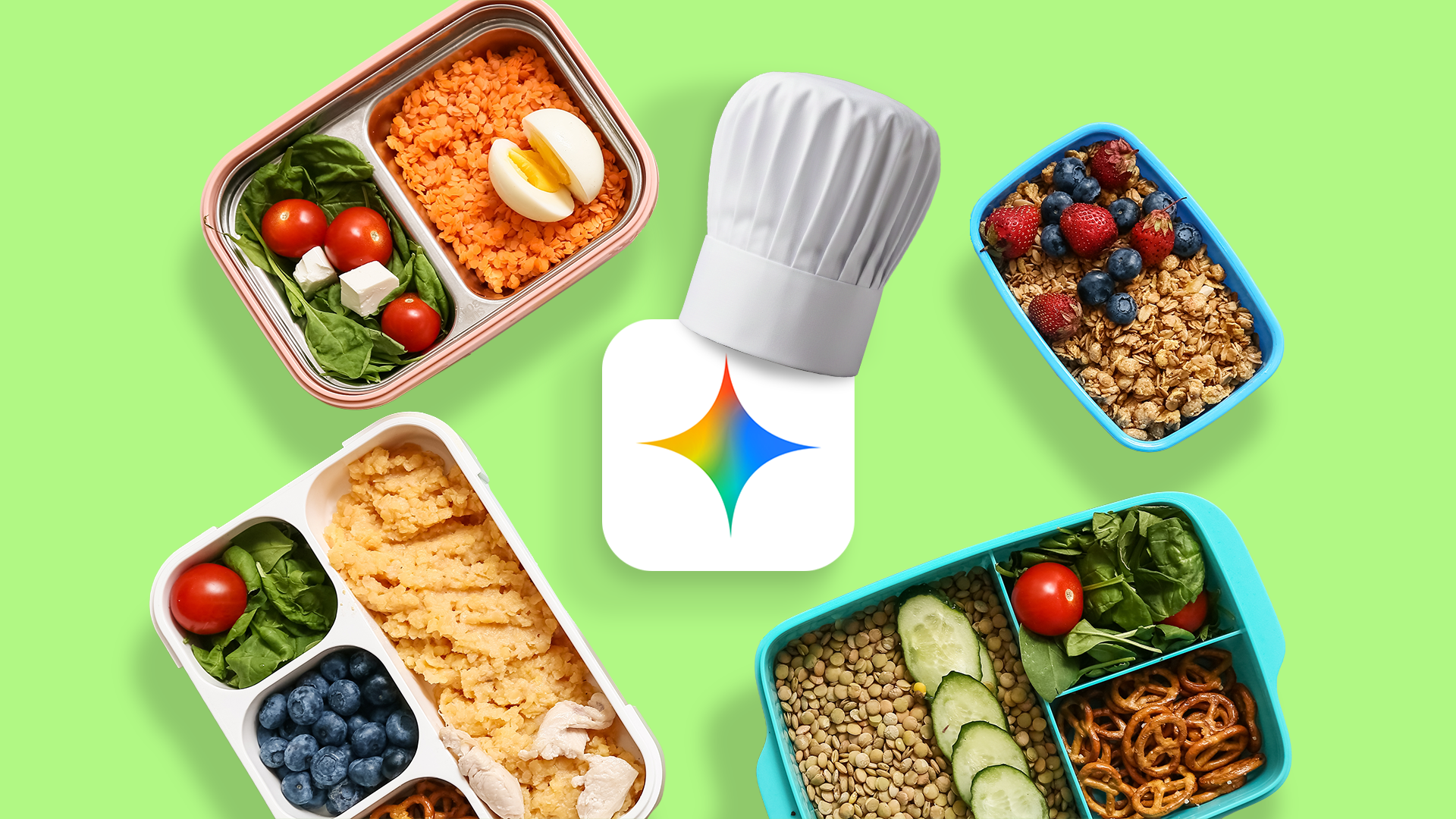 Logotipo de Gêmeos com chapéu de chef, cercado por recipientes de refeição.