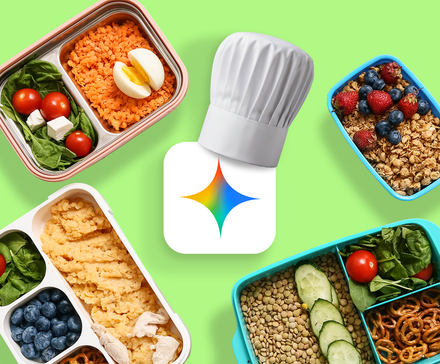 Logotipo de Gêmeos com chapéu de chef, cercado por recipientes de refeição.