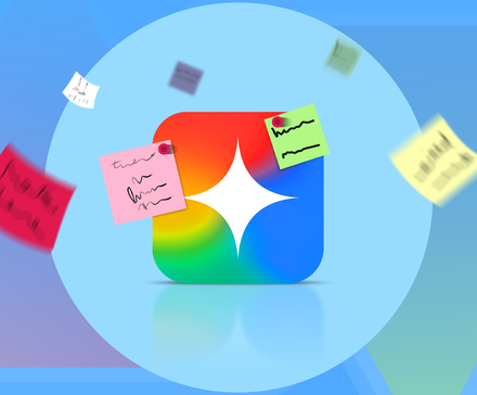 Ícone do logotipo Gemini cercado por notas adesivas flutuantes com texto rabiscado