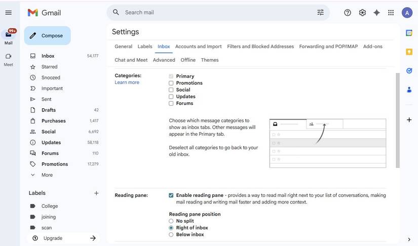 Captura de tela mostrando as configurações de categorias no Gmail