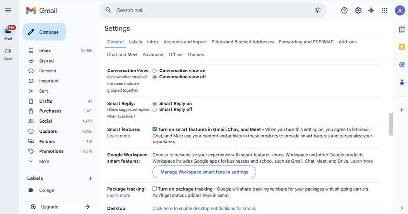 Captura de tela mostrando as configurações da Visualização de conversas no Gmail