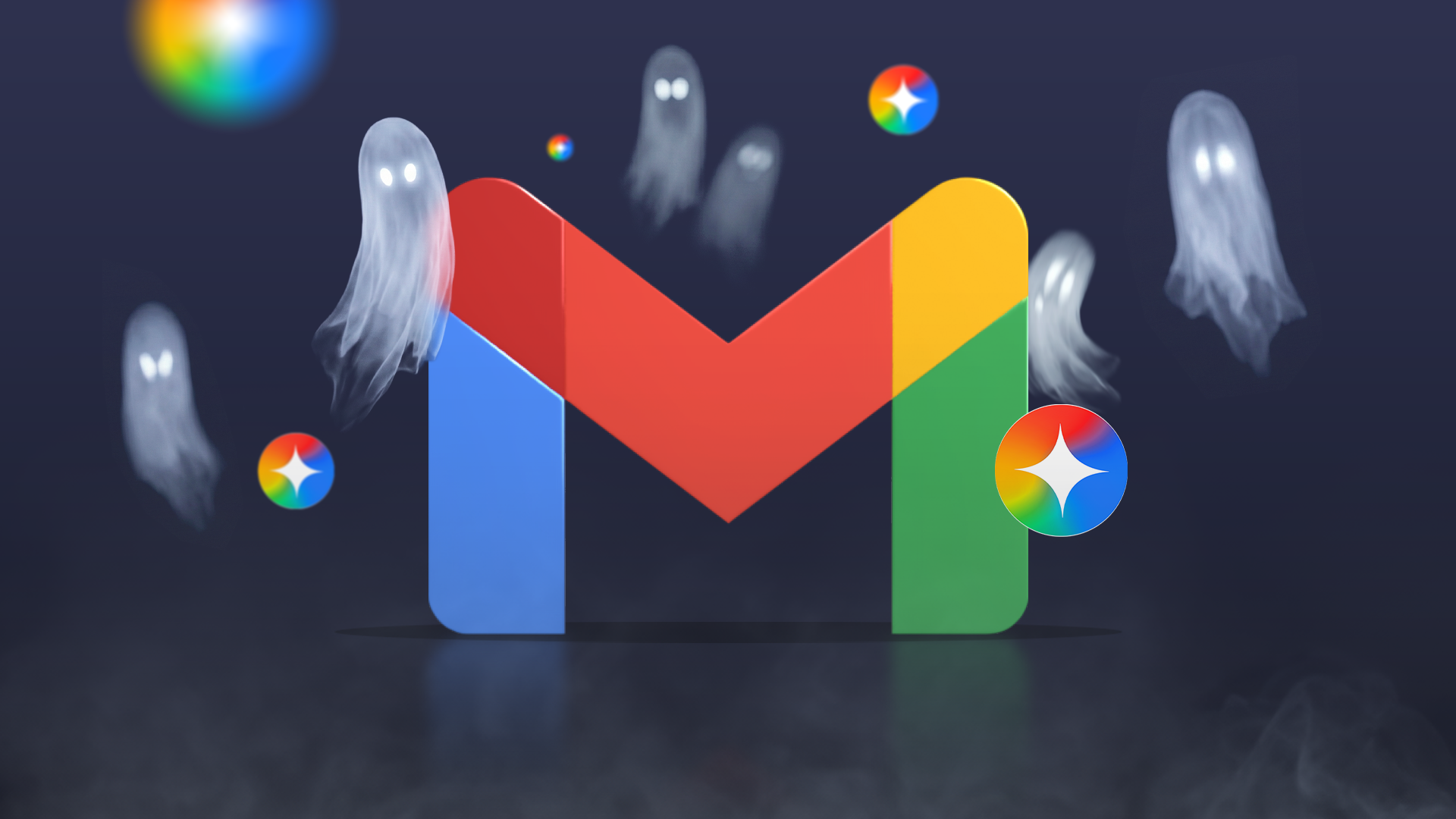 Logo Gmail circondato da fantasmi e icone Gemini su uno sfondo scuro.