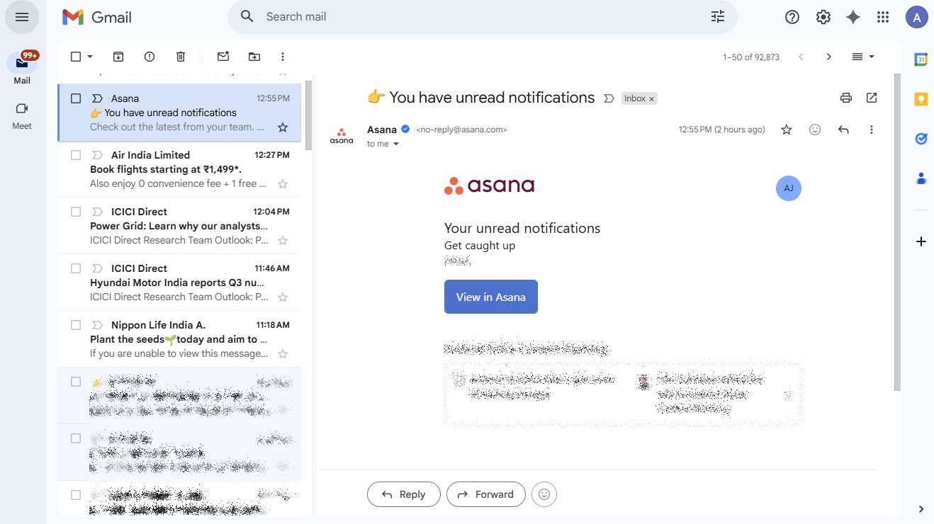 Screenshot showing the reading pane in Gmail