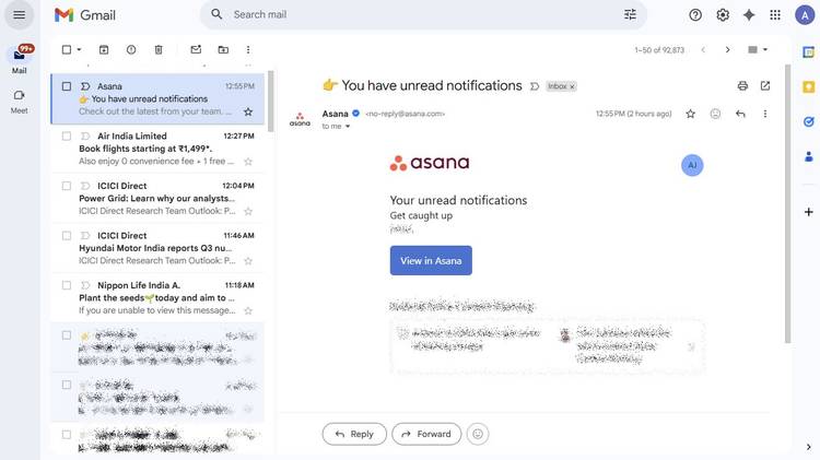 Screenshot showing the reading pane in Gmail