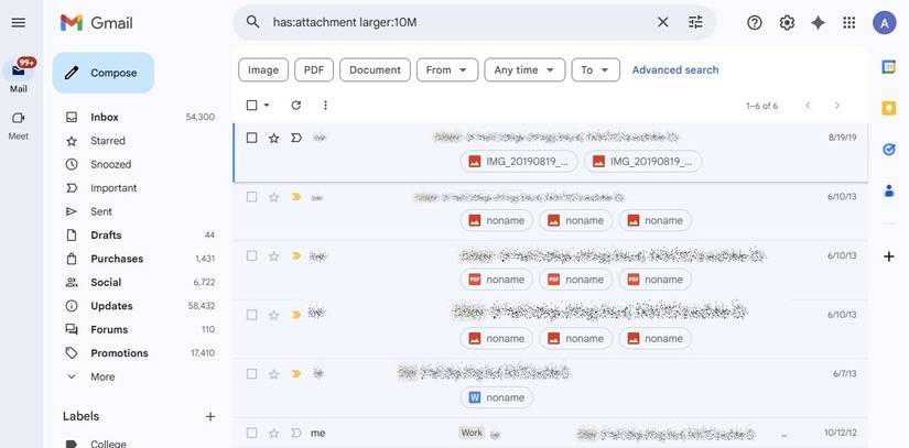 Captura de tela mostrando como filtrar por armazenamento no Gmail