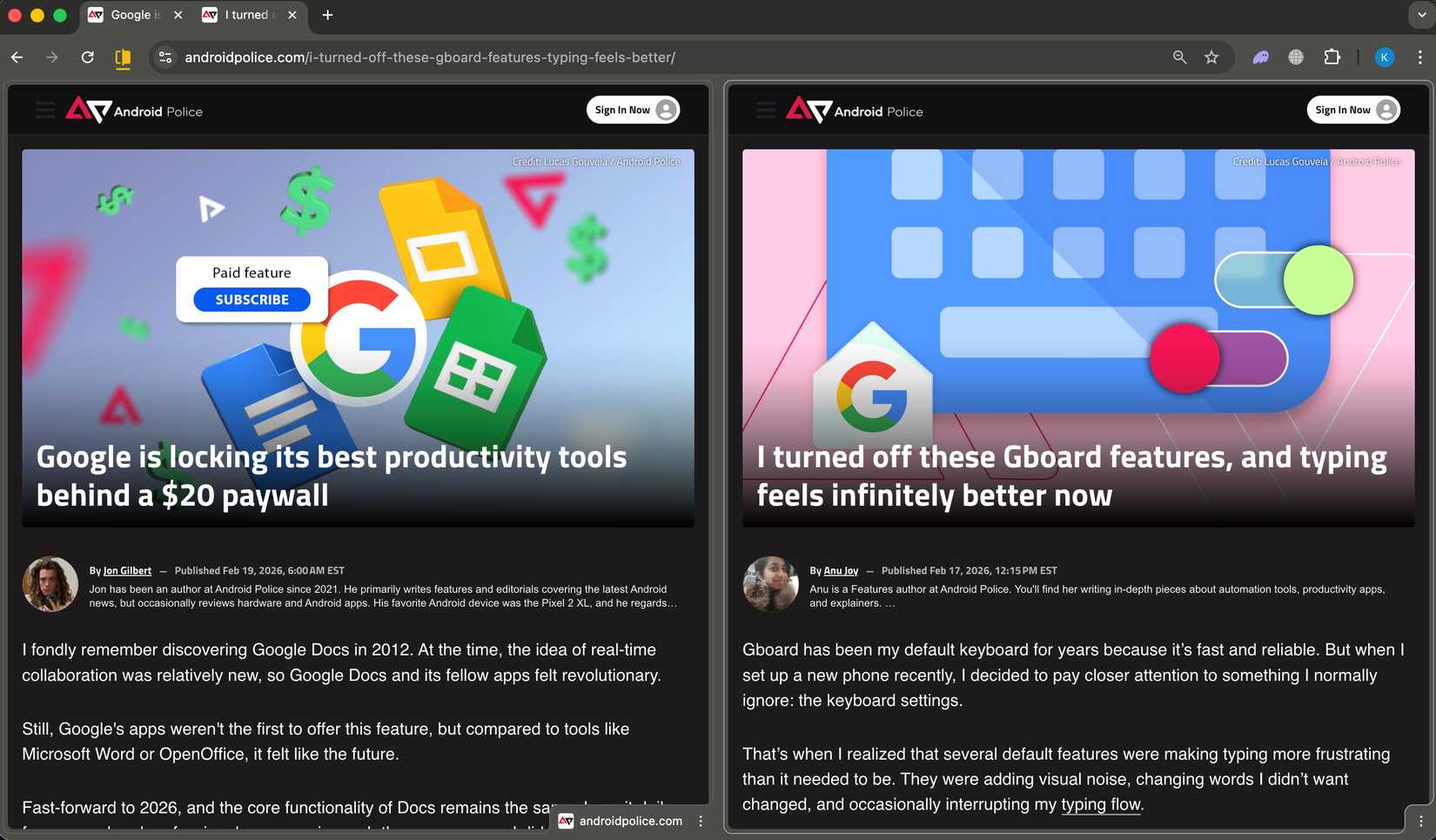 Uno screenshot che evidenzia la visualizzazione divisa di Google Chrome.
