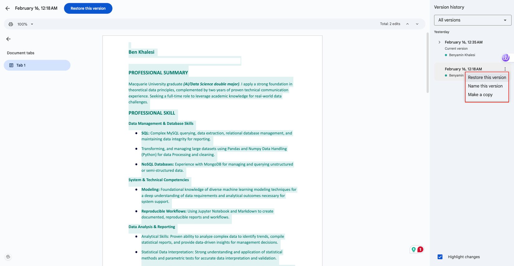 Demonstrado o recurso de restauração de versão do Google Doc