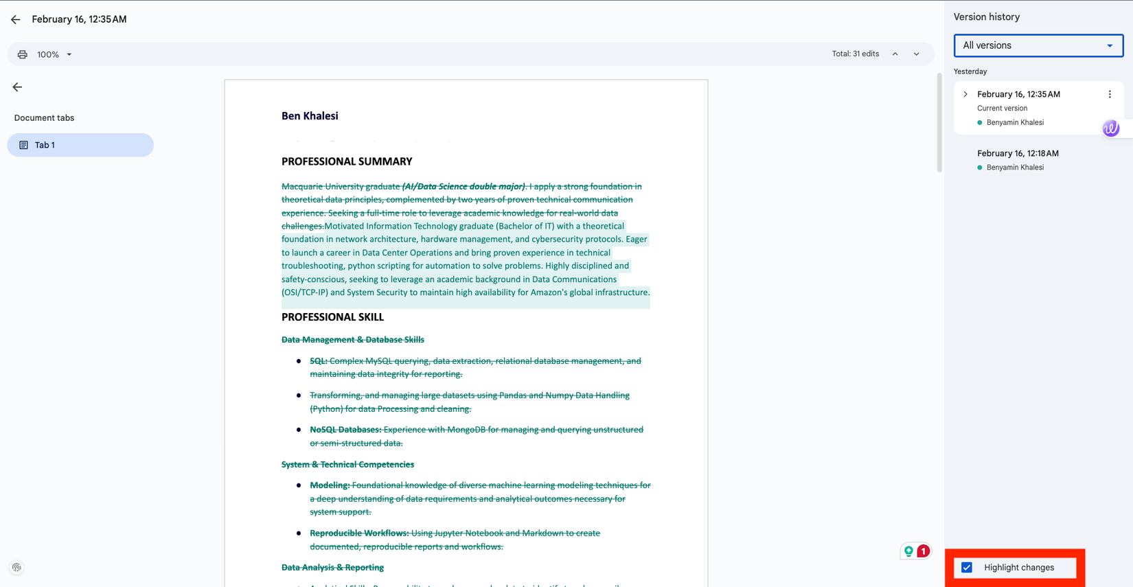Alternância de destaque do Google Doc para destacar edições