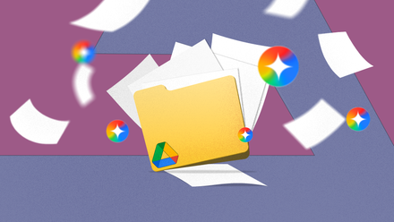 Uma pasta amarela do Google Drive com documentos voando, cercada por ícones coloridos do Gemini.