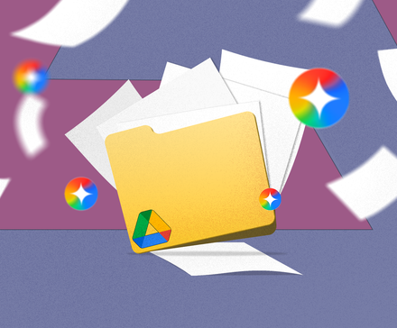 A yellow Google Drive folder with documents flying out, surrounded by colorful Gemini icons.