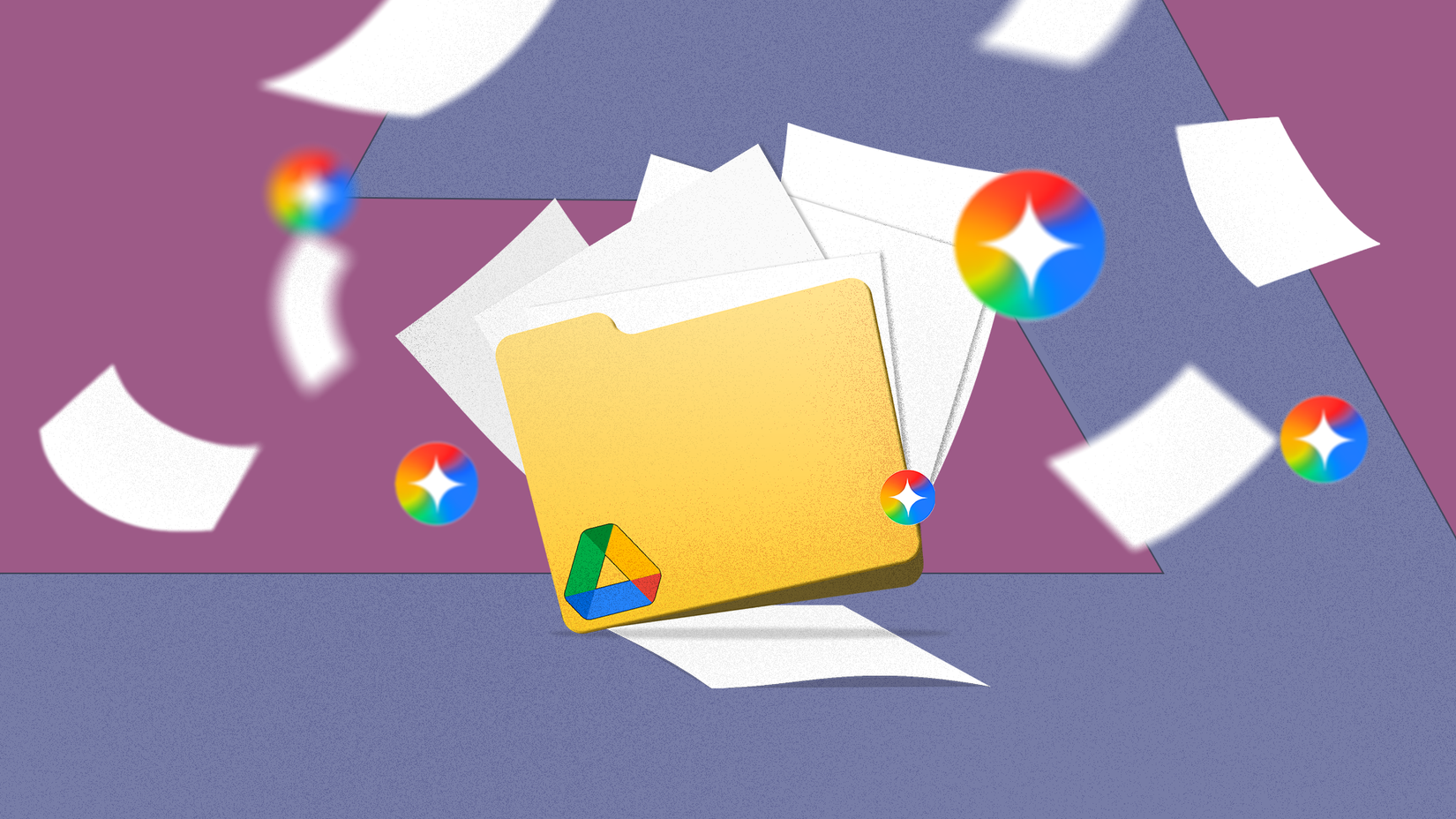 Uma pasta amarela do Google Drive com documentos voando, cercada por ícones coloridos do Gemini.