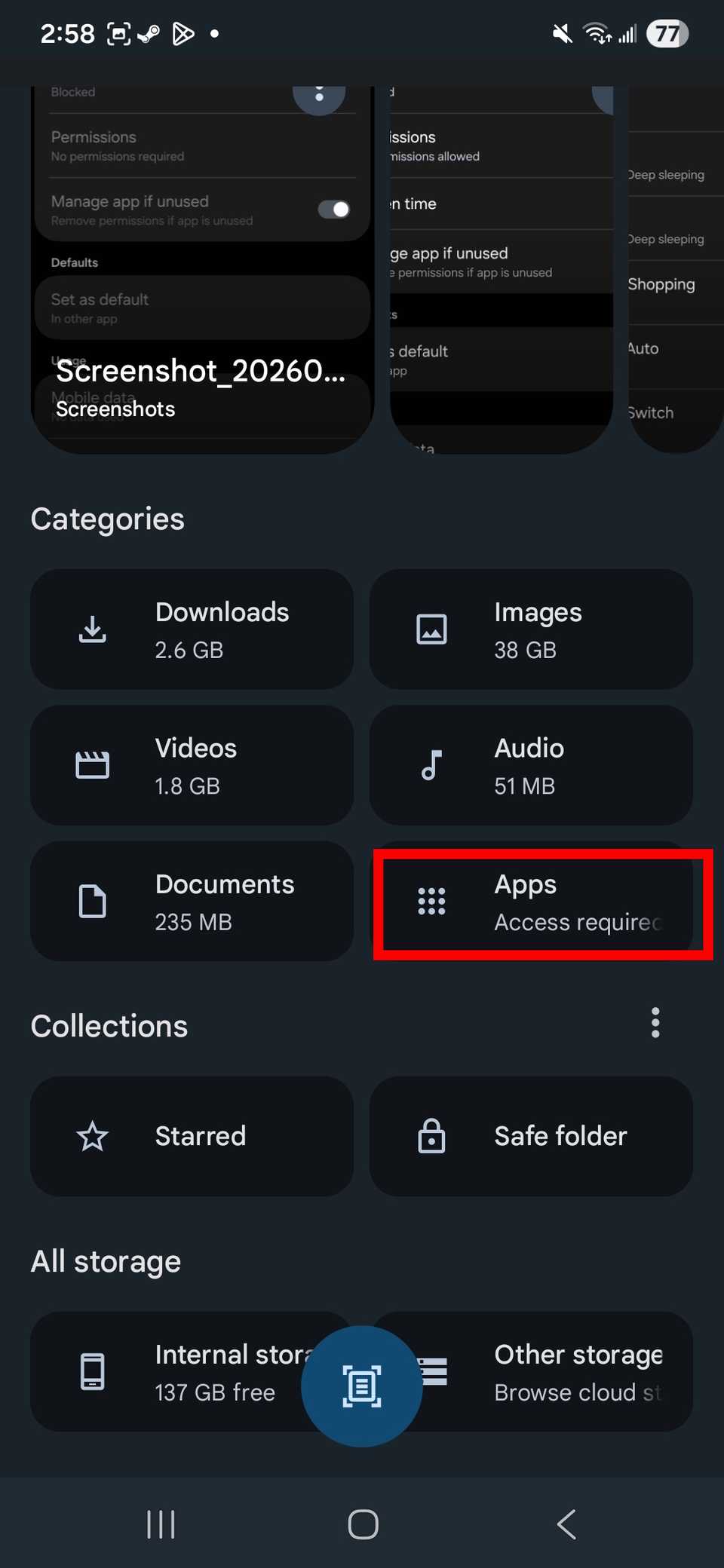 Contorno rettangolare rosso che evidenzia le app nell'app Google Files