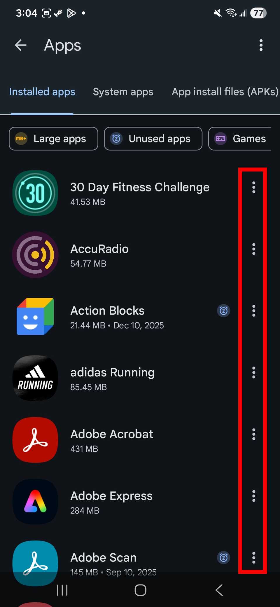 Rettangolo verticale rosso che evidenzia l'icona a tre punti accanto ai nomi delle app nell'app Google Files