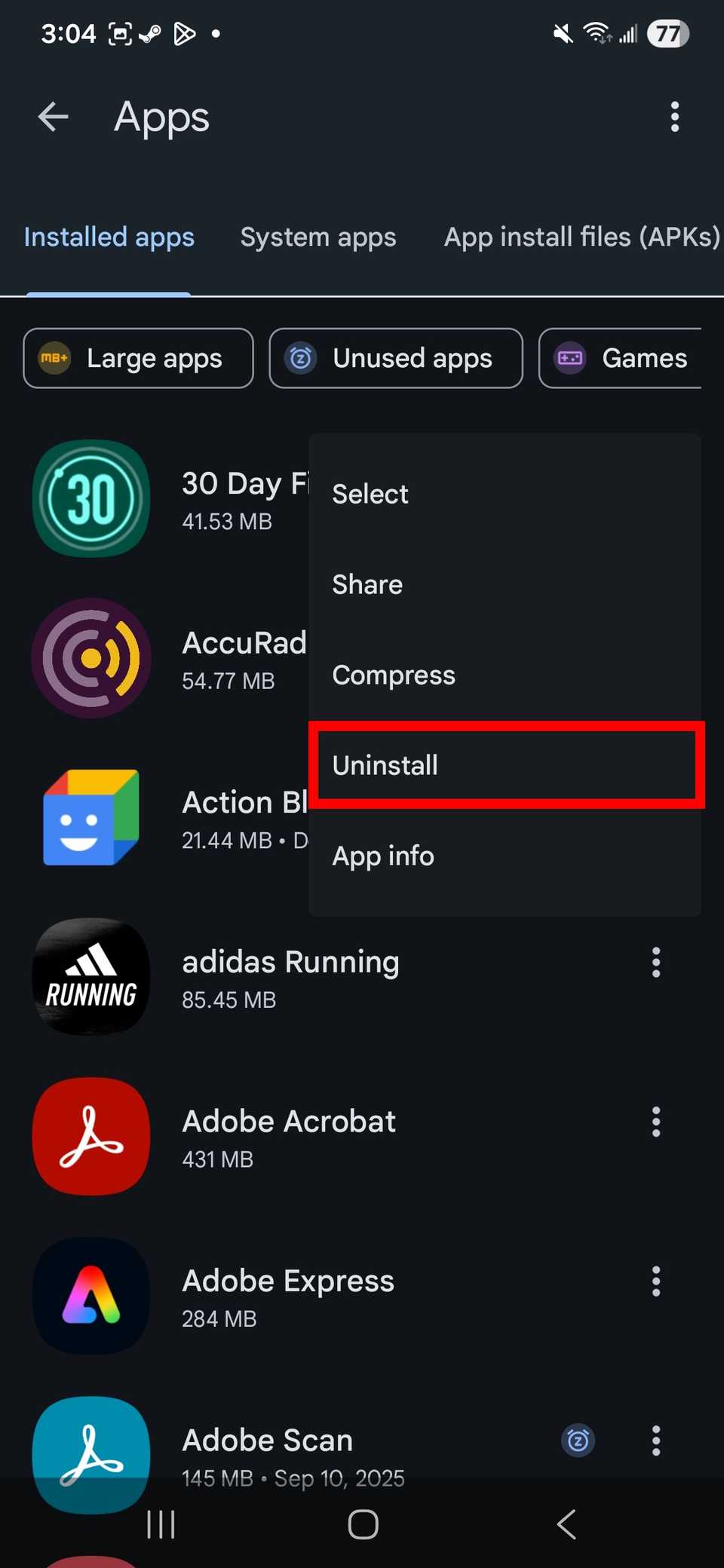 Contorno del rettangolo rosso evidenziato Disinstalla nell'app Google Files