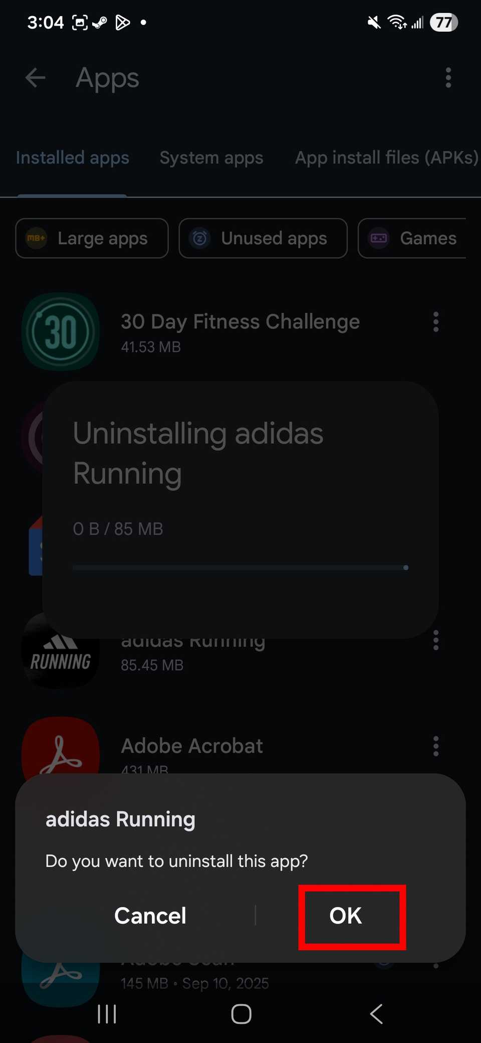Evidenziazione del contorno del rettangolo rosso OK per la disinstallazione dell'app nell'app Google Files