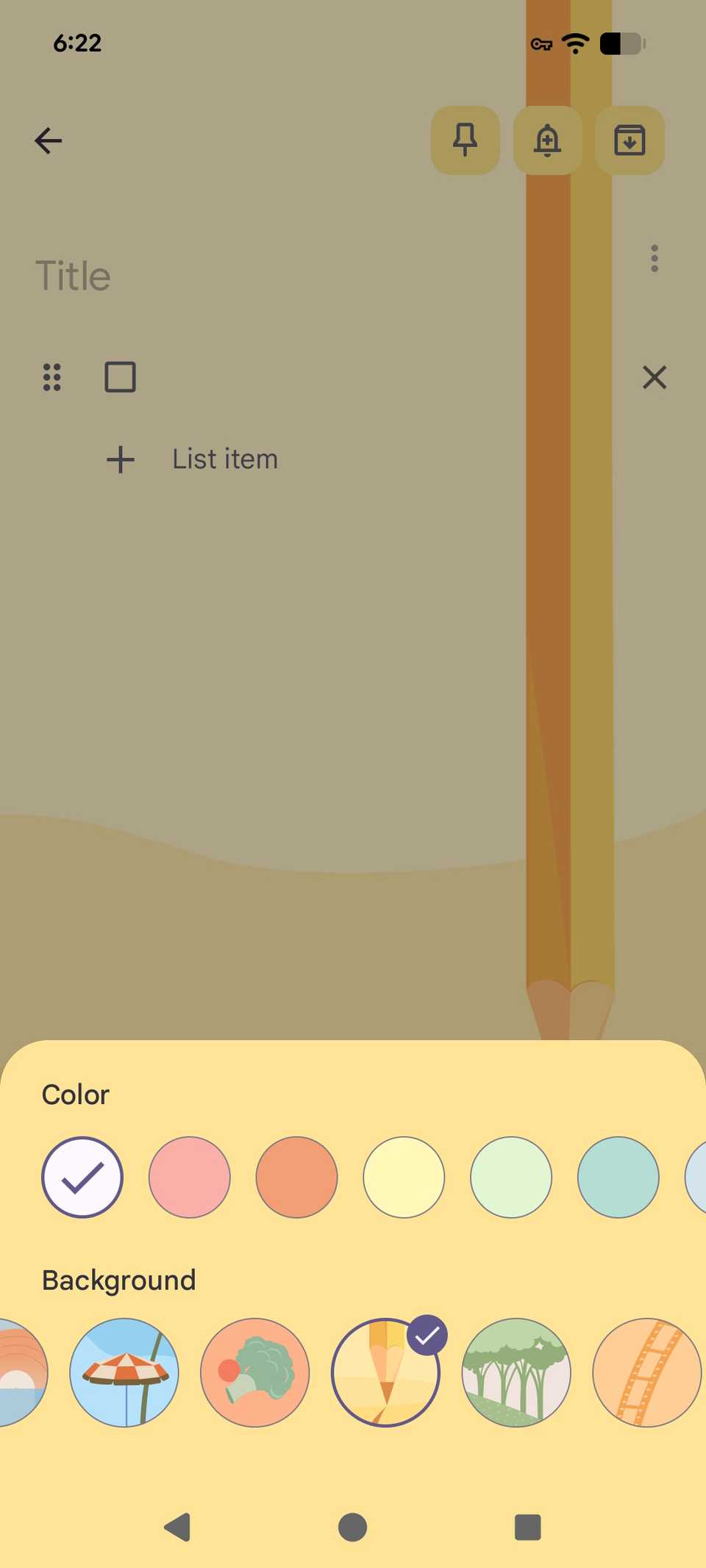 temi e colori personalizzati con Google Keep che mostra una selezione di sfondi e colori tra cui scegliere