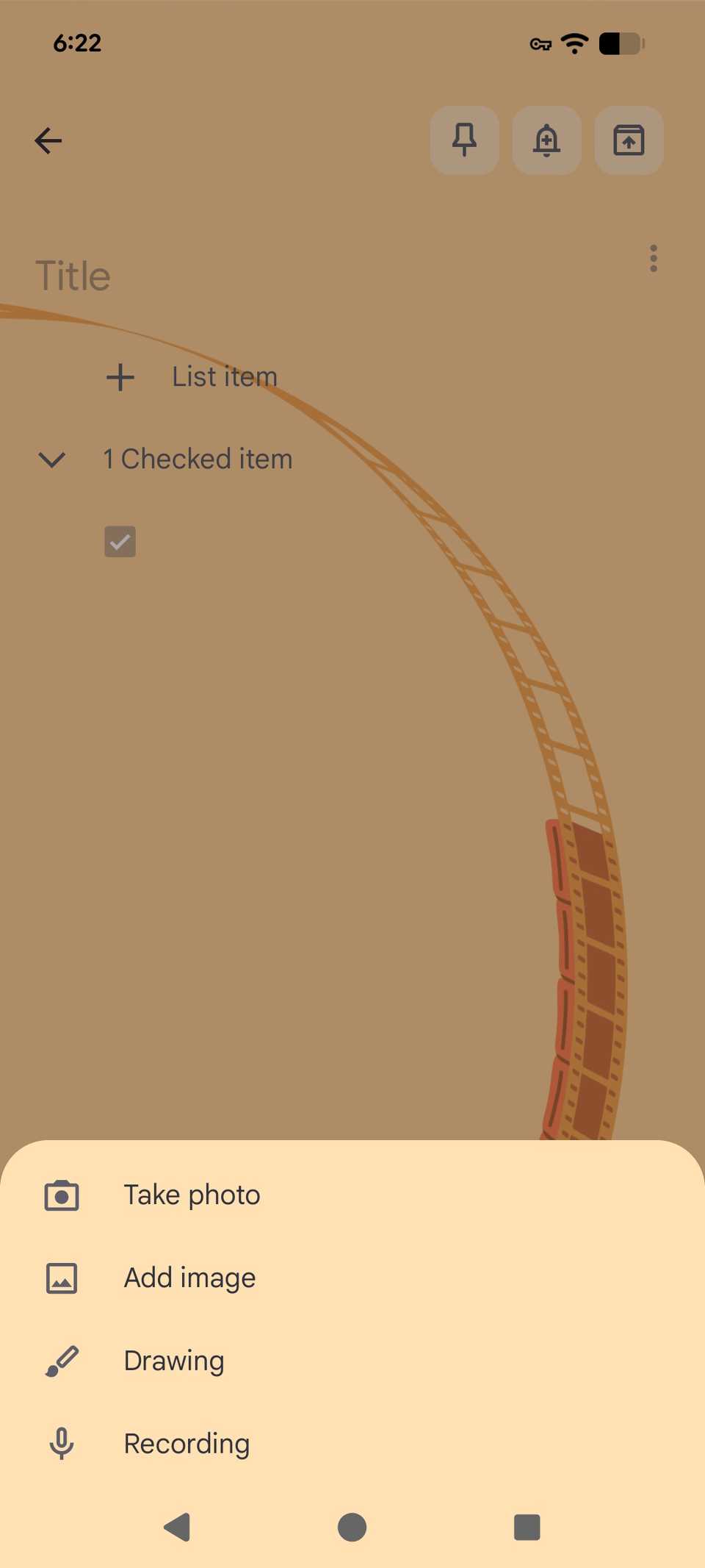 Opzioni di Google Keep per aggiungere un elenco di cose da fare con uno sfondo personalizzato applicato