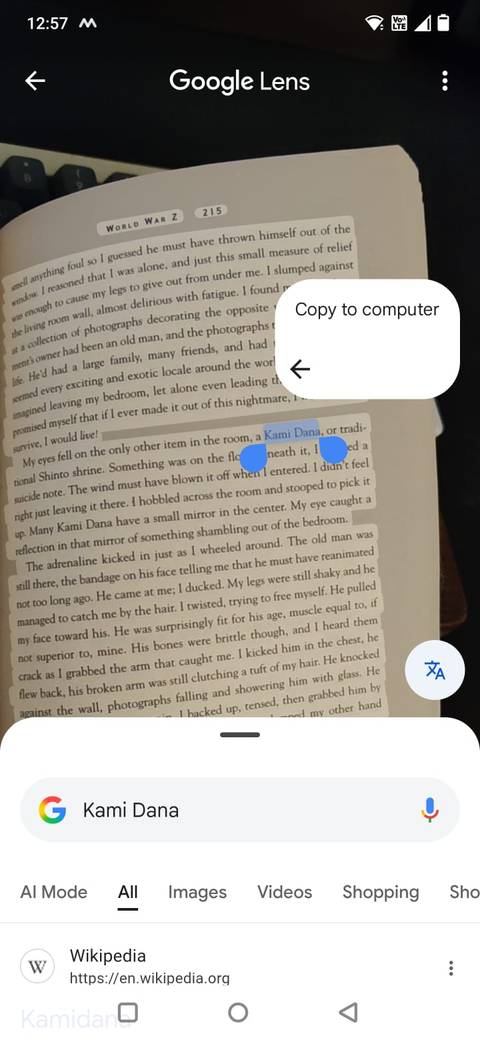 Screenshot che mostra l'opzione Copia sul computer in Google Lens per un libro