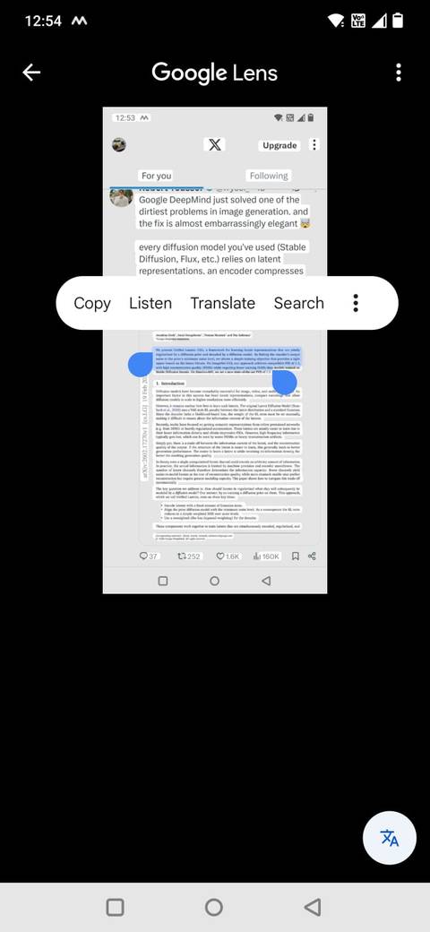 Screenshot che mostra le opzioni di copia del testo in Google Lens