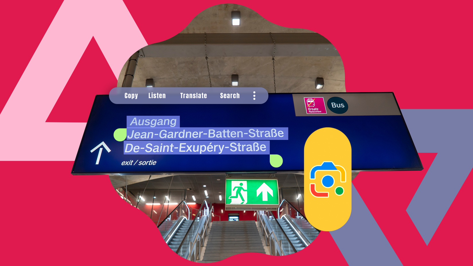 Google Lens selecionando e traduzindo texto em uma placa de estação de ônibus