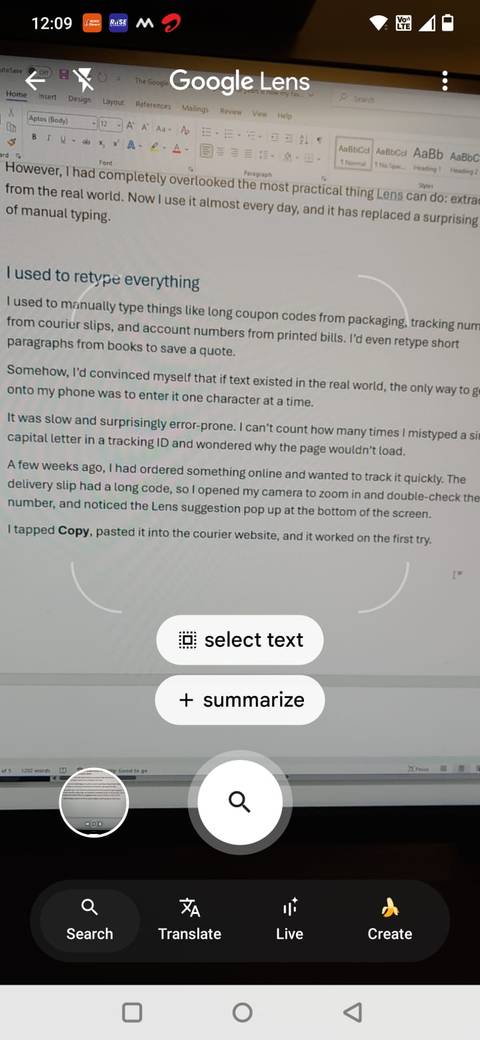 Screenshot che mostra l'opzione di selezione del testo in Google Lens