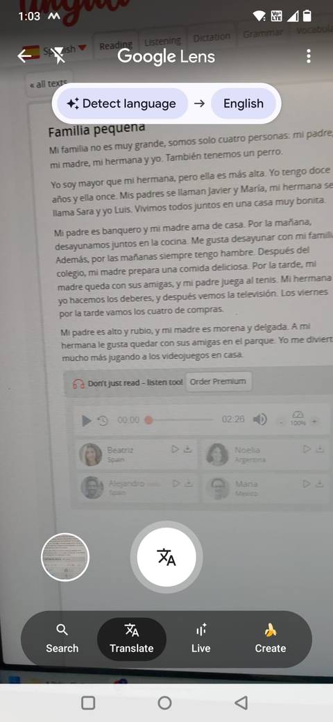 Screenshot che mostra l'opzione Traduci in Google Lens
