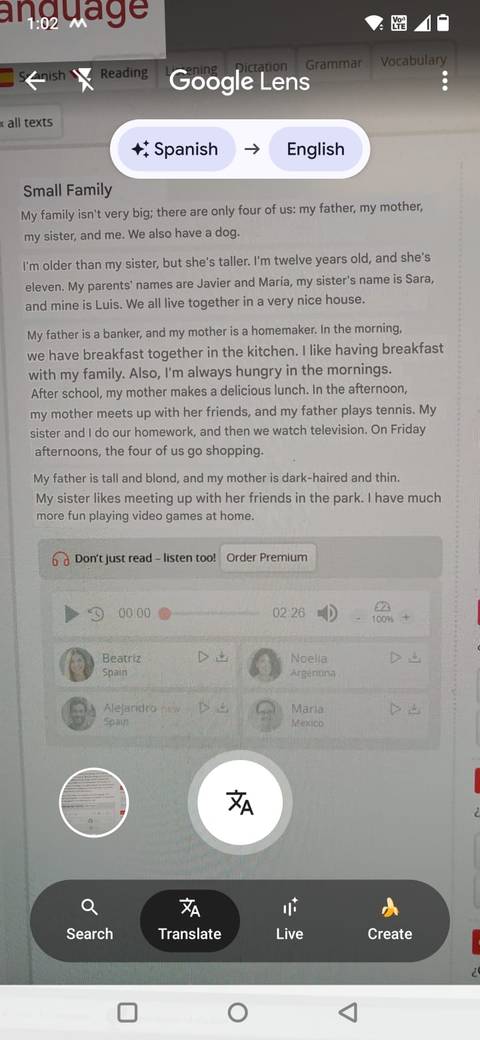 Screenshot che mostra Google Lens che traduce il testo dallo spagnolo all'inglese