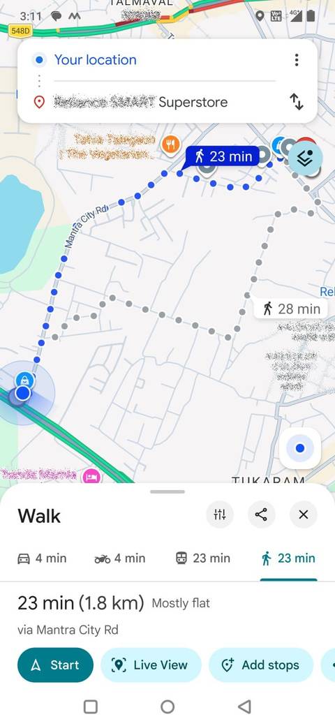 Screenshot showing the Live View option in Google Maps