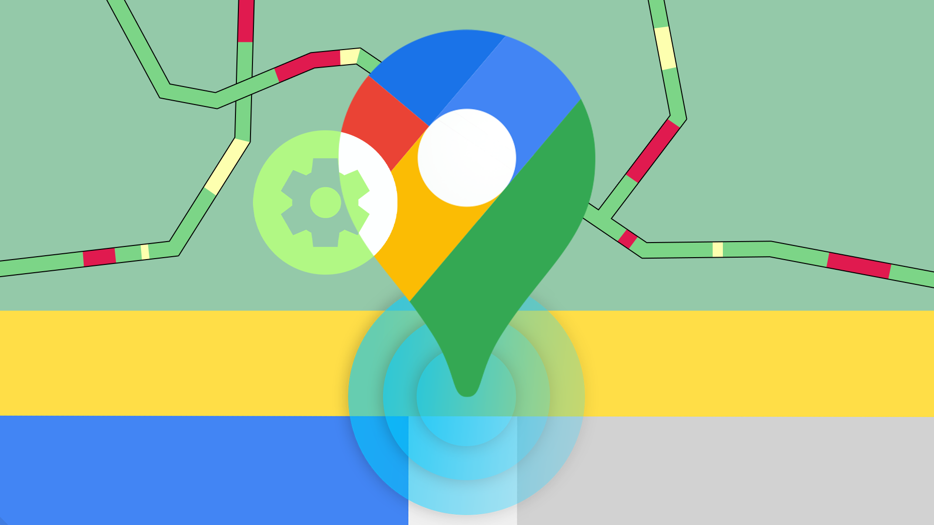 Appuntamento di Google Maps sullo sfondo di una mappa che mostra la congestione del traffico e l'icona di un ingranaggio delle impostazioni.