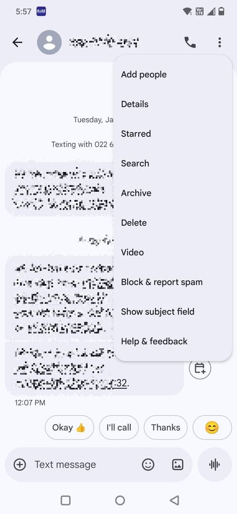 Screenshot che mostra l'opzione Blocca e segnala spam in Google Messaggi