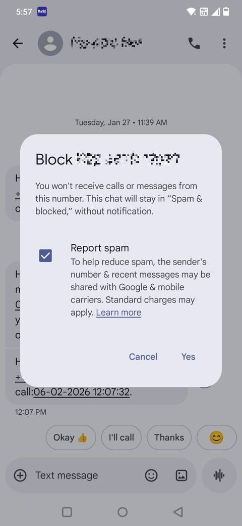 Screenshot che mostra come bloccare un numero in Google Messaggi
