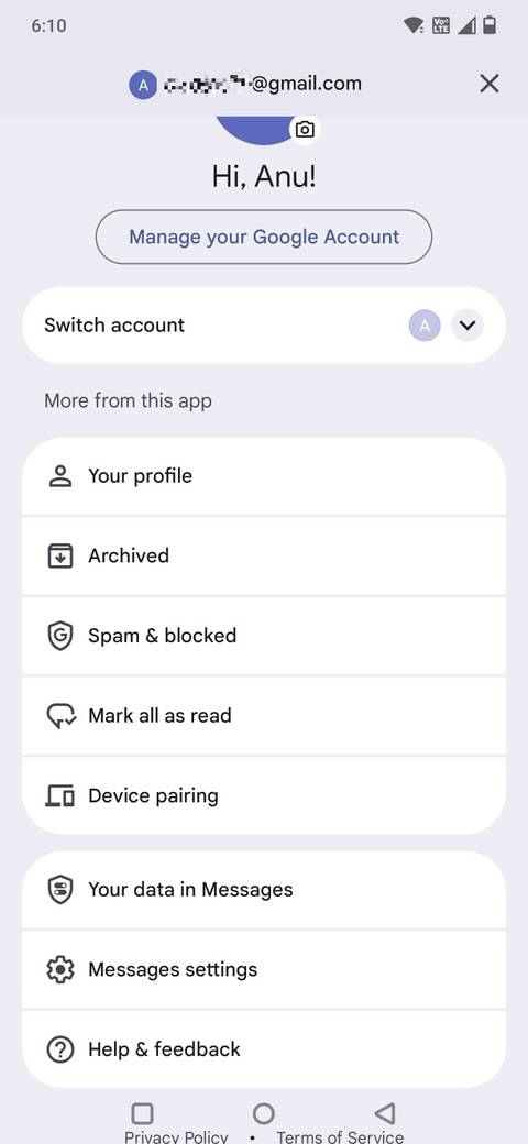 Screenshot che mostra le impostazioni di Google Messaggi