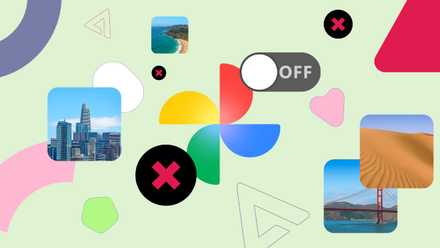 Logotipo do Google Fotos cercado por fotos flutuantes e um botão de alternância 'DESLIGADO'