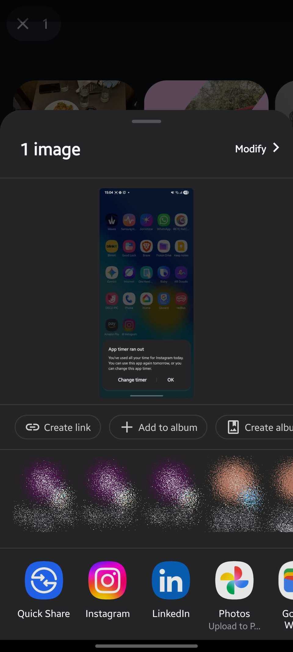 Screenshot che mostra il foglio di condivisione di Google Foto