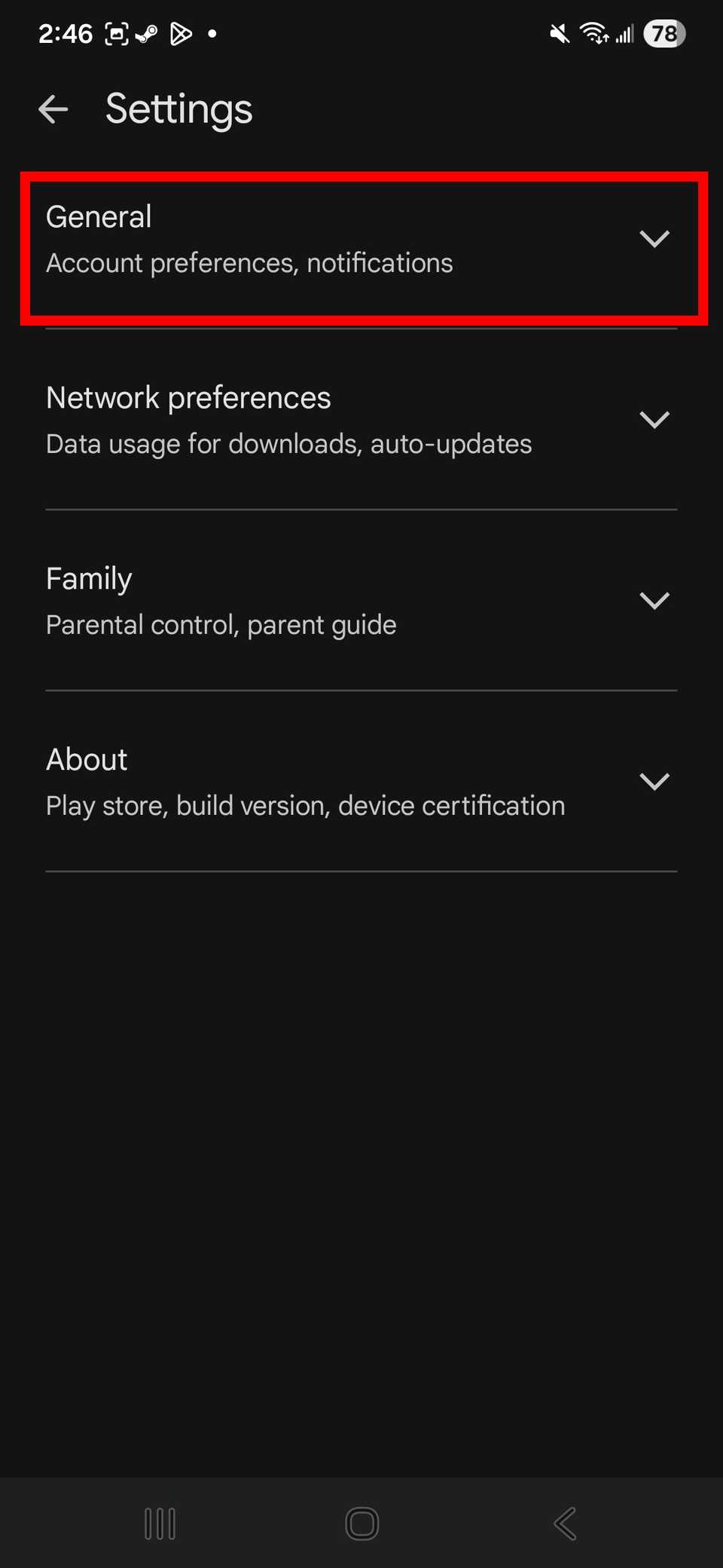Contorno del rettangolo rosso che evidenzia Generale nelle impostazioni del Play Store