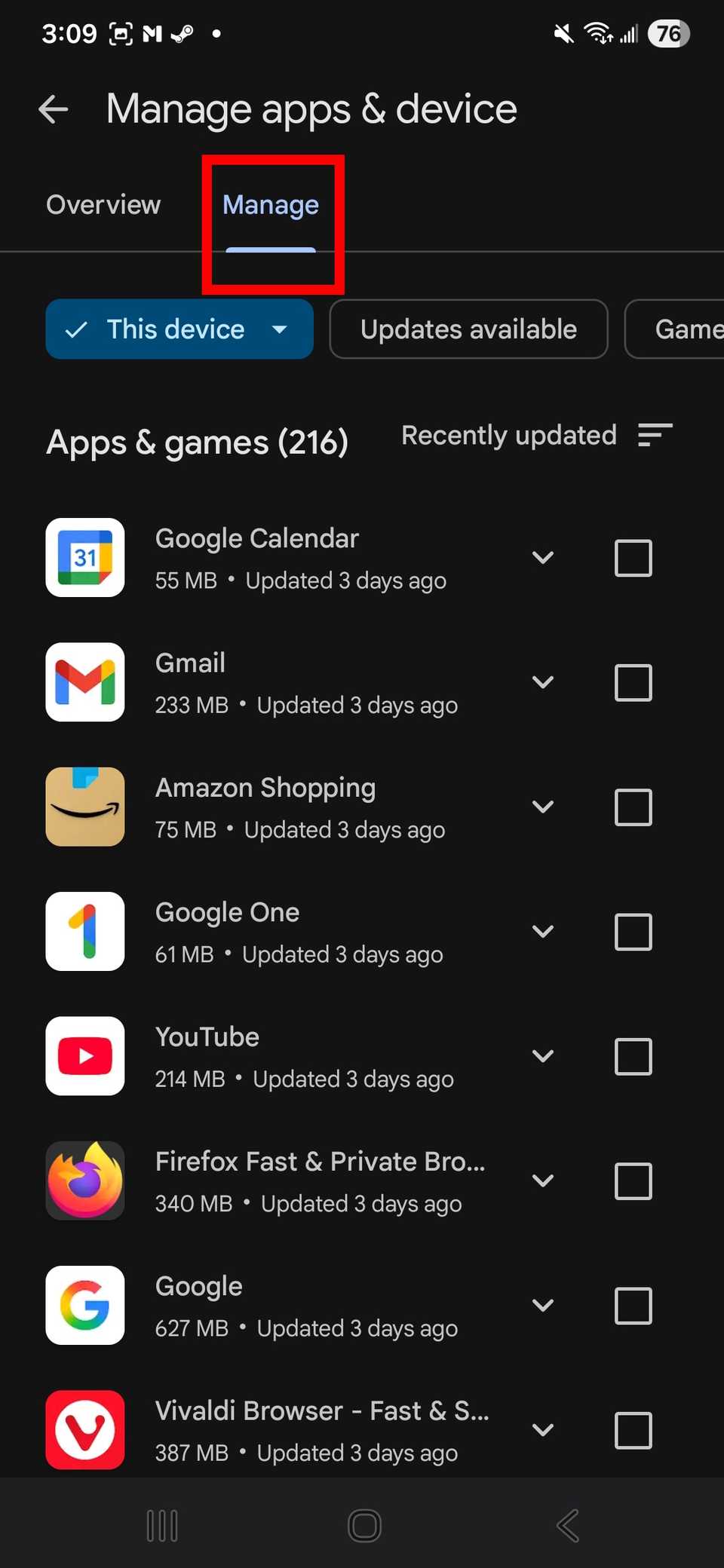 Contorno del rettangolo rosso Scheda Gestisci nella scheda Gestisci in Gestisci app e dispositivo in Google Play Store
