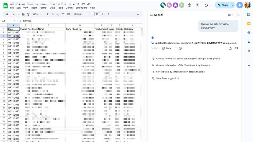 Usando o Gemini para alterar o formato da data no Planilhas Google