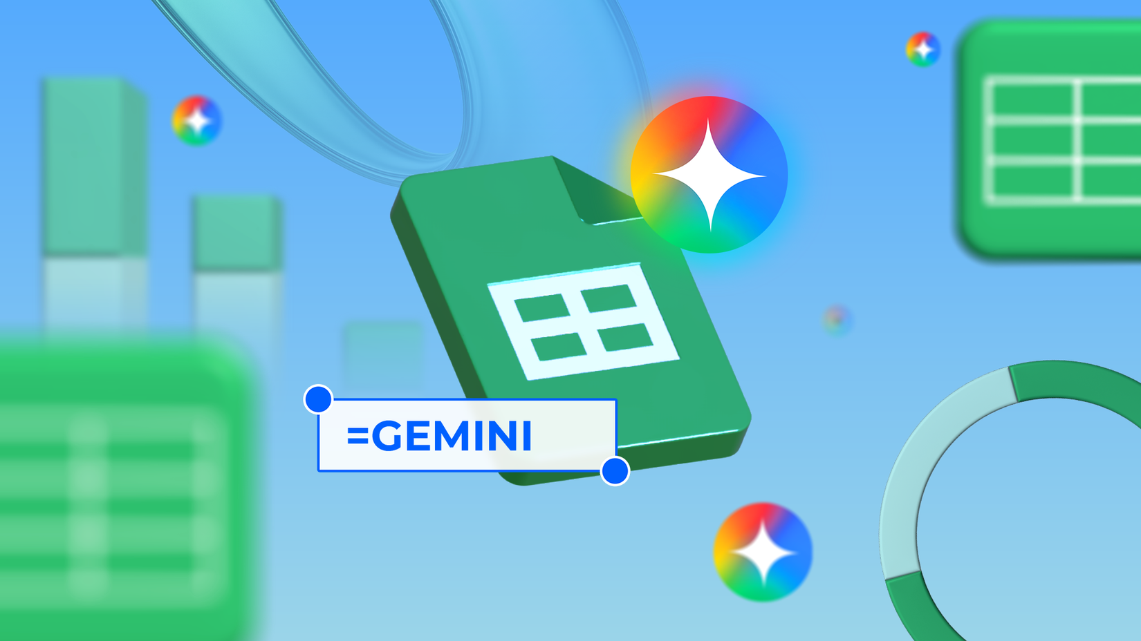 Logotipo do Planilhas Google cercado por gráficos flutuantes, brilhos de Gêmeos e uma barra de fórmulas onde se lê '=GEMINI' em um fundo azul.