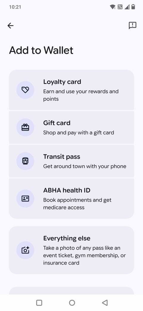 Screenshot che mostra l'opzione Tutto il resto in Google Wallet