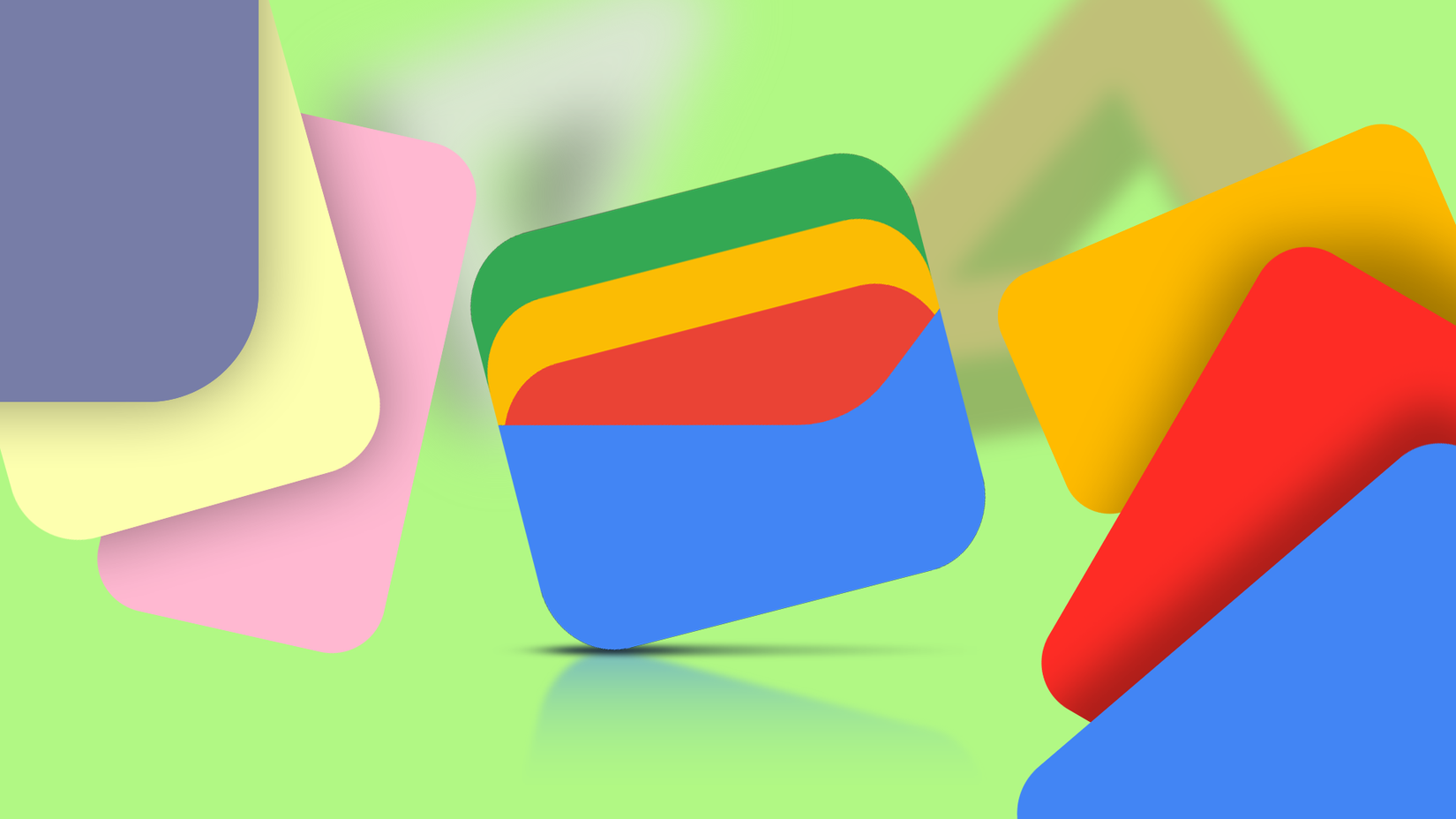 Logotipo da Google Wallet cercado por cartões digitais flutuantes coloridos