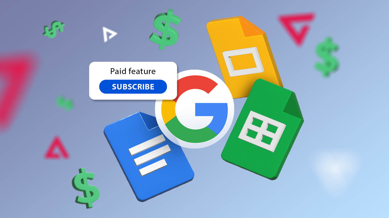 Google Workspace icons with a 'Paid feature' subscribe button and floating dollar signs.