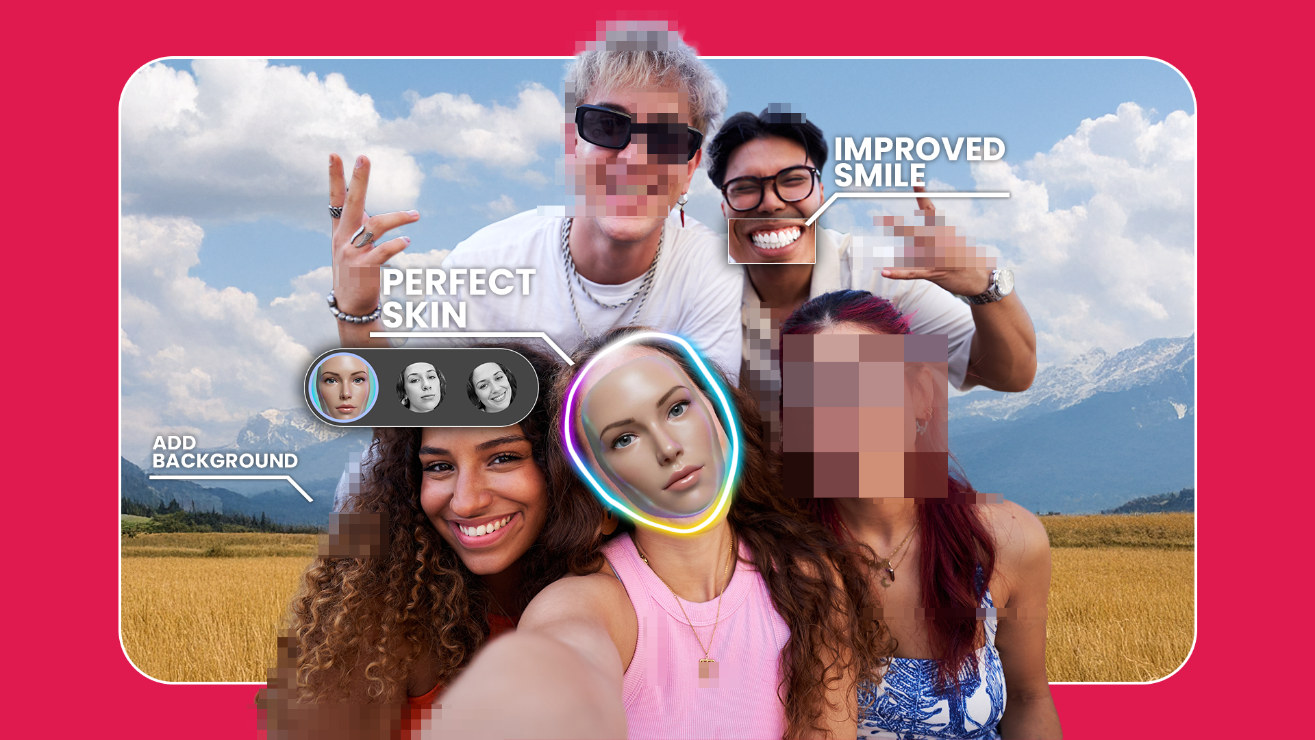 Selfie di gruppo che mostra volti pixelati e una maschera AI luminosa che sostituisce il volto di una donna, circondato da etichette di modifica come 