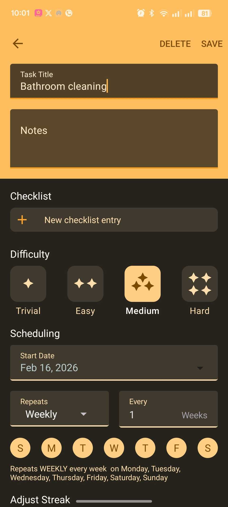 Modulo di configurazione dell'attività sull'app Habitica che mostra la voce relativa alla pulizia del bagno