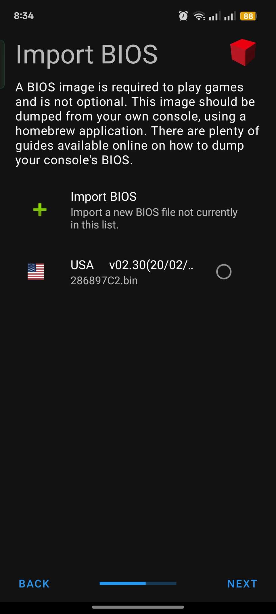 Screen showing option to import BIOS above already imported BIOS on NetherSX2 emulator app