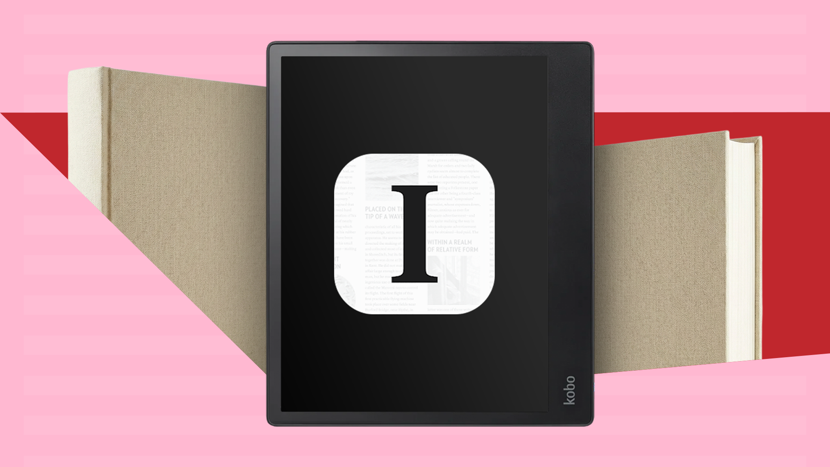 Leitor eletrônico Kobo exibindo o ícone do Instapaper em sua tela, com livros ao fundo.
